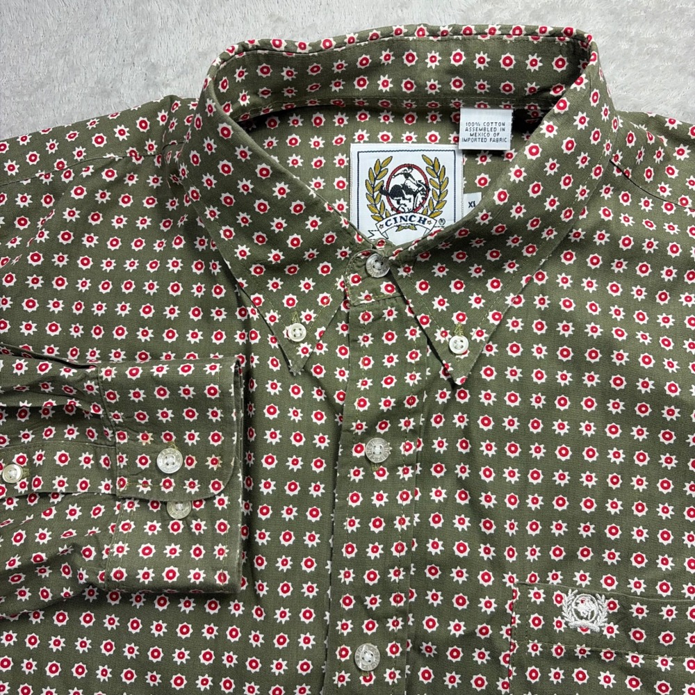 Cinch Button Down Shirt Mens XL Olive Green Geometric Starburst Western Rodeo